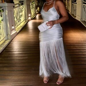 fringe cowl halter maxi dress